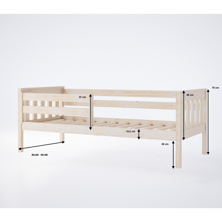 Pine Bed with Safety Rail | Polish Manufacturer | Various Sizes & Colors
