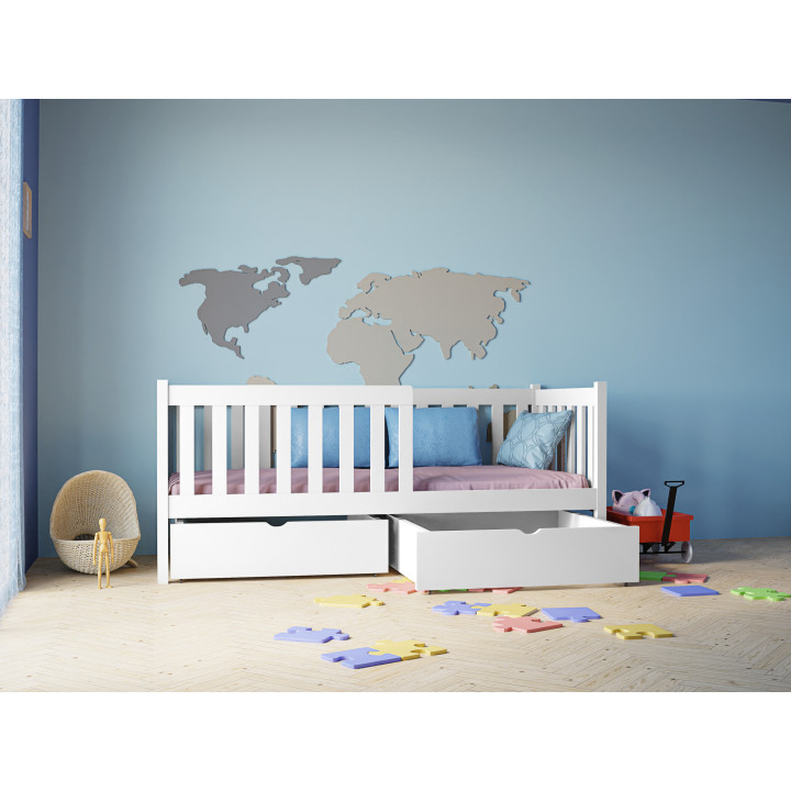 Pine Bed LENA with Safety Rail | Polish Manufacturer | Various Sizes & Colors | With or Without Drawers