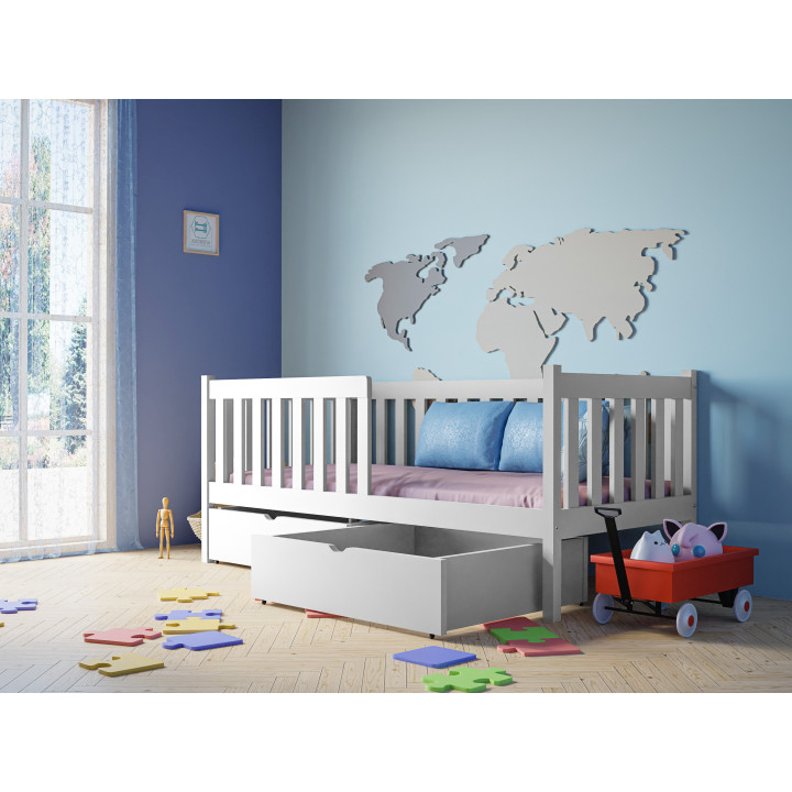 Pine Bed LENA with Safety Rail | Polish Manufacturer | Various Sizes & Colors | With or Without Drawers