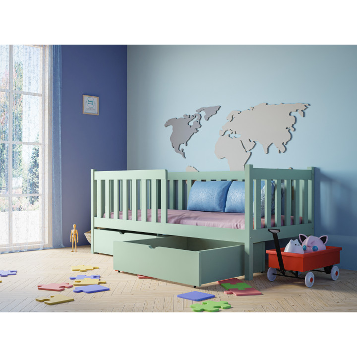 Pine Bed LENA with Safety Rail | Polish Manufacturer | Various Sizes & Colors | With or Without Drawers