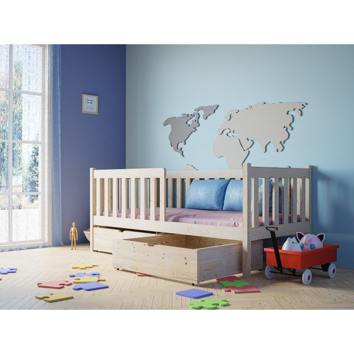 Pine Bed LENA with Safety Rail | Polish Manufacturer | Various Sizes & Colors | With or Without Drawers