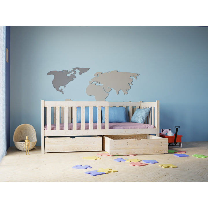 Pine Bed LENA with Safety Rail | Polish Manufacturer | Various Sizes & Colors | With or Without Drawers