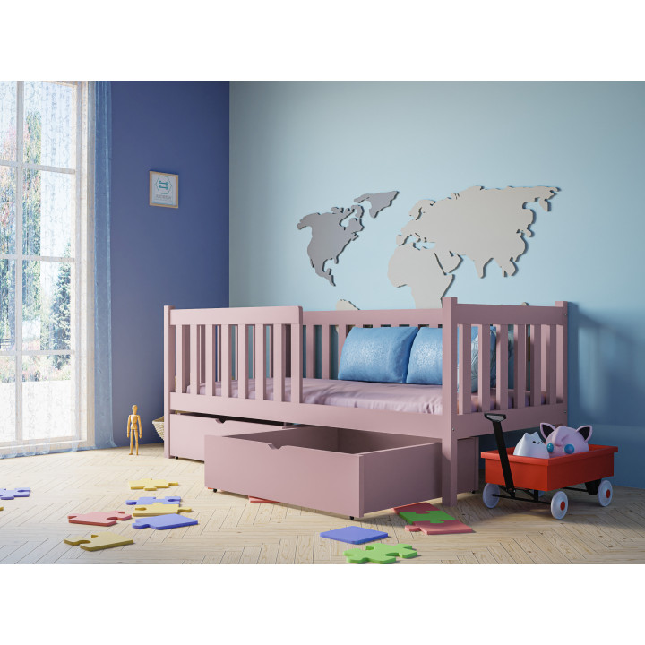 Pine Bed LENA with Safety Rail | Polish Manufacturer | Various Sizes & Colors | With or Without Drawers