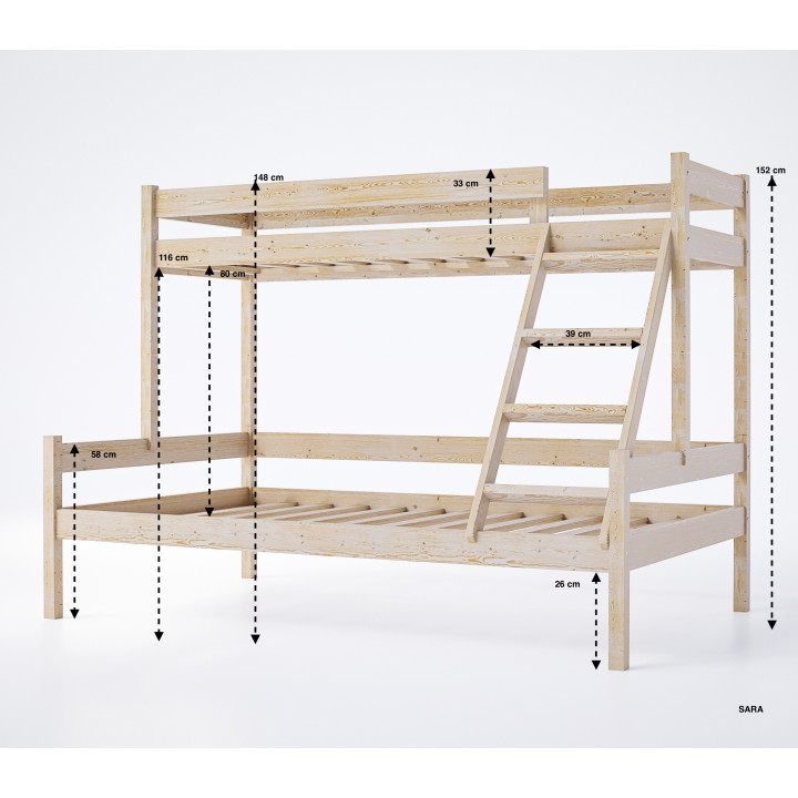 3-Person Pine Bunk Bed – Various Sizes & Colors | Polish Manufacturer