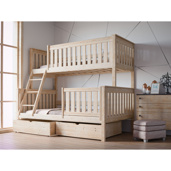 ALVIN 3-Personen-Etagenbett mit Sicherheitsgitter | Massives Kiefernholz | Polnischer Hersteller