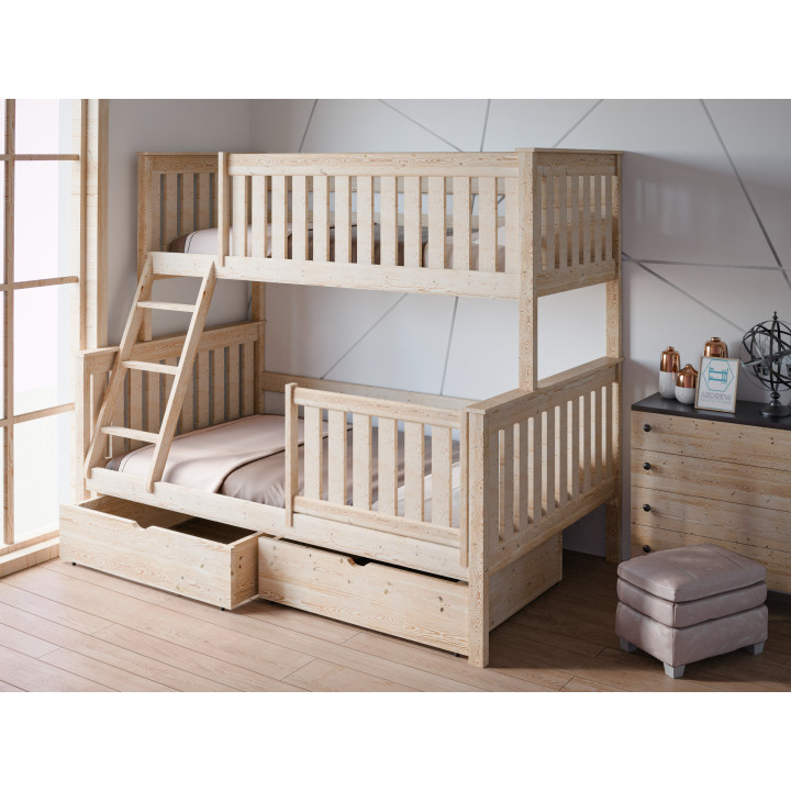 ALVIN 3-Personen-Etagenbett mit Sicherheitsgitter | Massives Kiefernholz | Polnischer Hersteller
