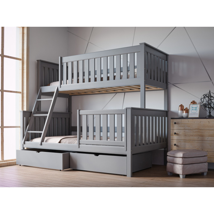 ALVIN 3-Personen-Etagenbett mit Sicherheitsgitter | Massives Kiefernholz | Polnischer Hersteller