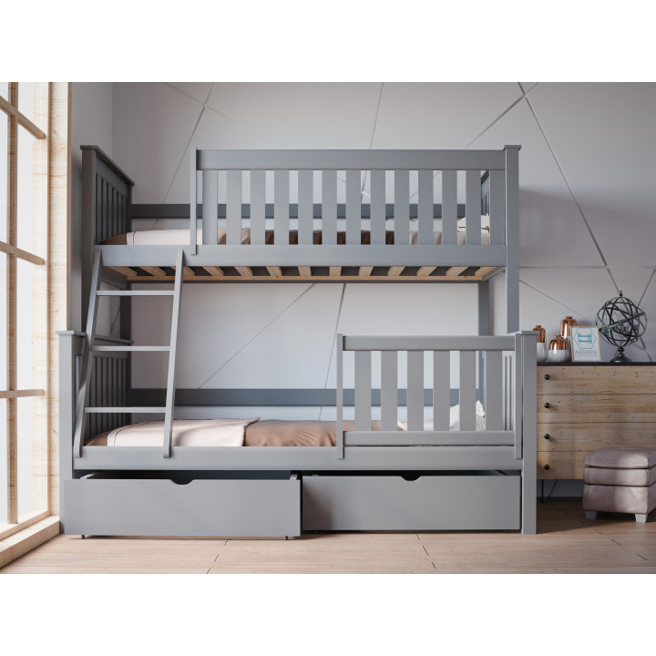ALVIN 3-Personen-Etagenbett mit Sicherheitsgitter | Massives Kiefernholz | Polnischer Hersteller