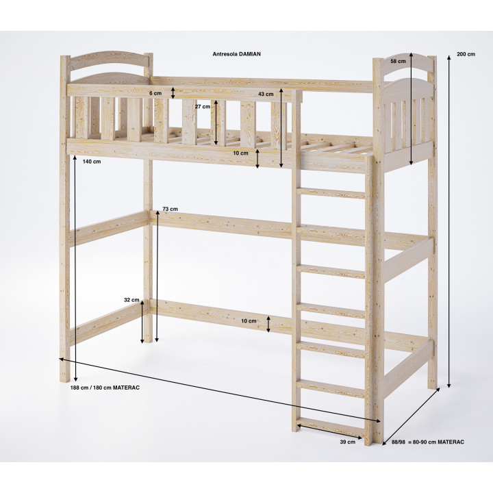 Pine Loft Bed for Kids & Teens DAMIAN | Solid Wooden High Sleeper