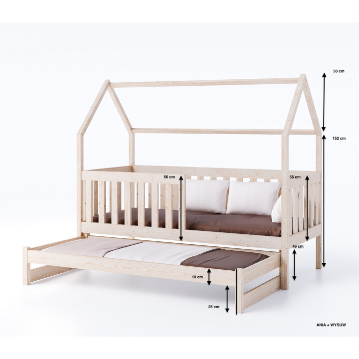 Kinderbett ANIA aus Kiefernholz mit Ausziehbett | Hausbett