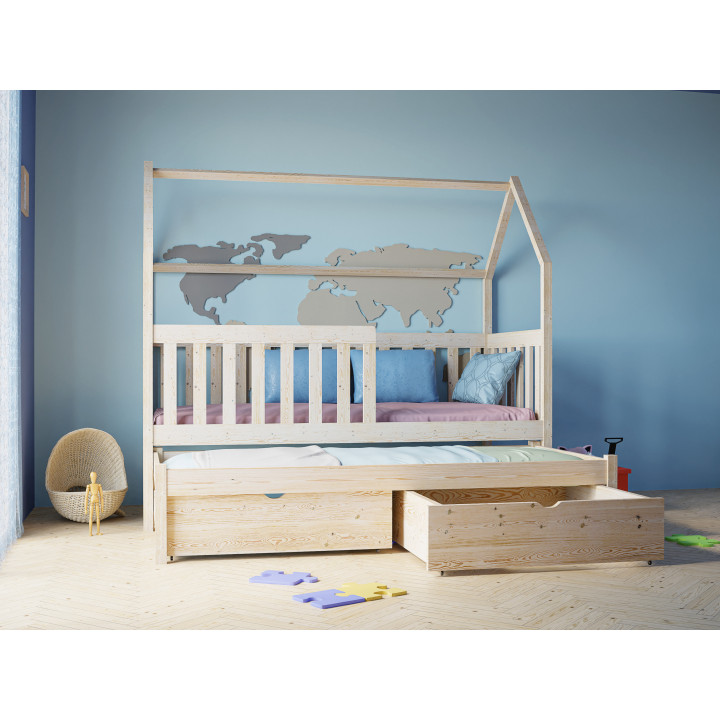 Kinderbett ANIA aus Kiefernholz mit Ausziehbett | Hausbett