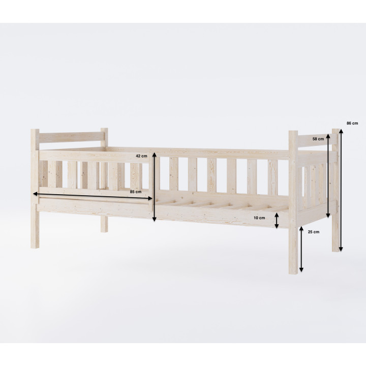 Tapczan SŁAWEK – łóżko dziecięce z barierką, drewno sosnowe